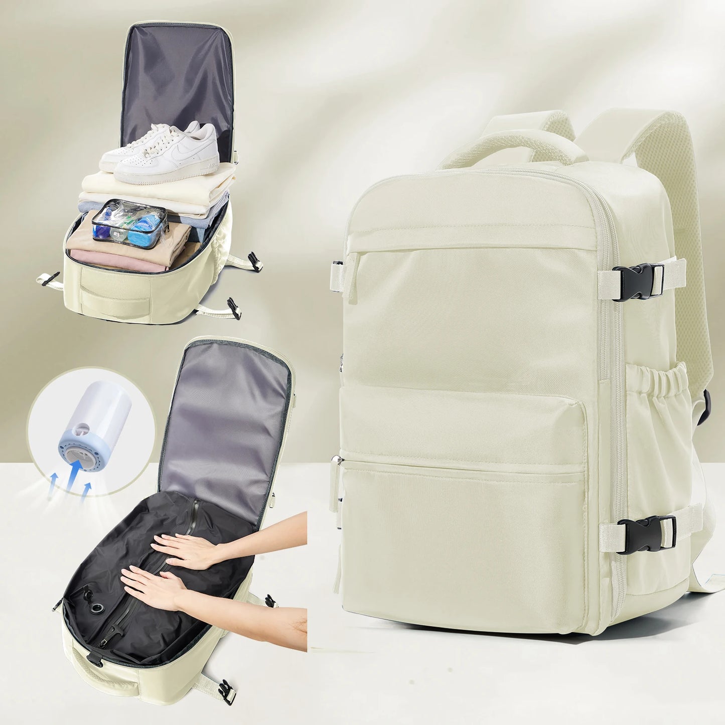 Sac cabine avion 40x30x20 compressible 30L beige Olyneia – vue de face et démonstration compression avant/après