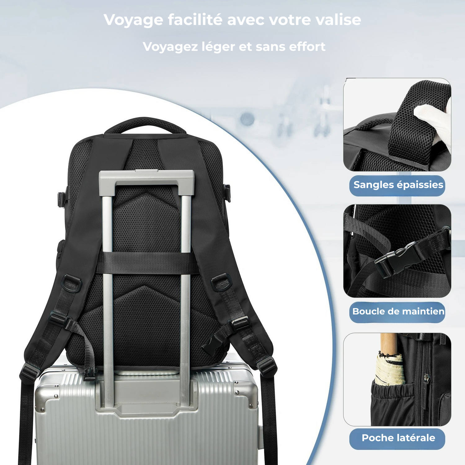 Sac cabine avion 40x30x20 compressible Olyneia – sangles épaissies, boucle de maintien et poche latérale, fixé sur valise