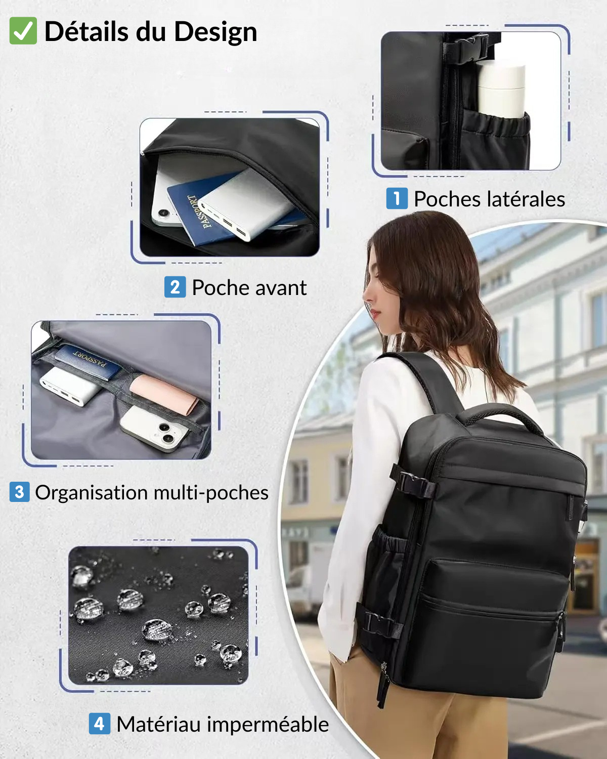 Sac cabine avion compressible noir 40x30x20 Olyneia porté par une femme – détails design : poches latérales, poche avant, organisation multi-poches, matériau imperméable