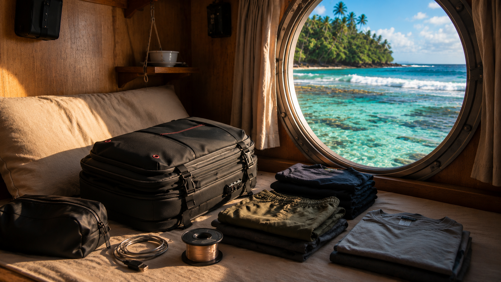 Sac cabine 55L à compression sous vide sur une couchette de bateau, face à une île tropicale et une mer turquoise