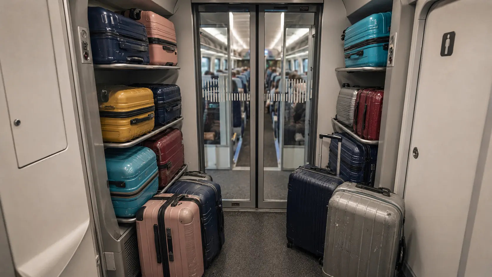 Espace bagages saturé de valises rigides dans un train grande vitesse, couloir central étroit un jour de grand départ