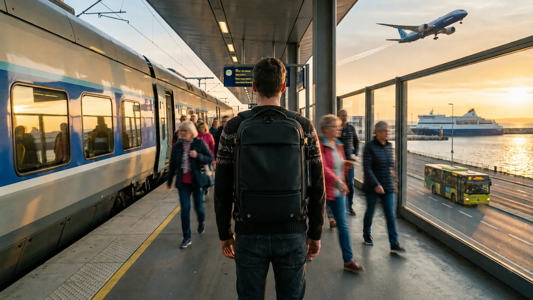 Voyageur avec un sac à dos cabine Olyneia face à un train, un bus, un ferry et un avion, illustrant l’usage d’un seul sac pour tous les transports.