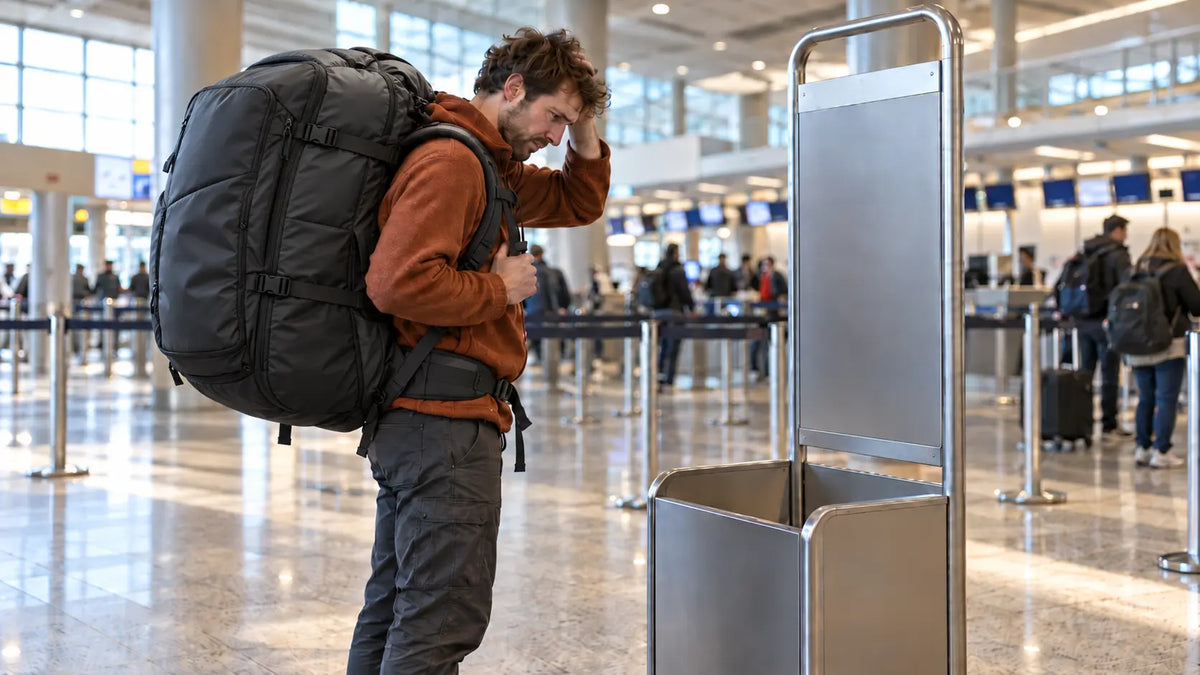 Voyageur dépité portant un sac à dos surchargé devant un gabarit de bagages cabine dans un aéroport