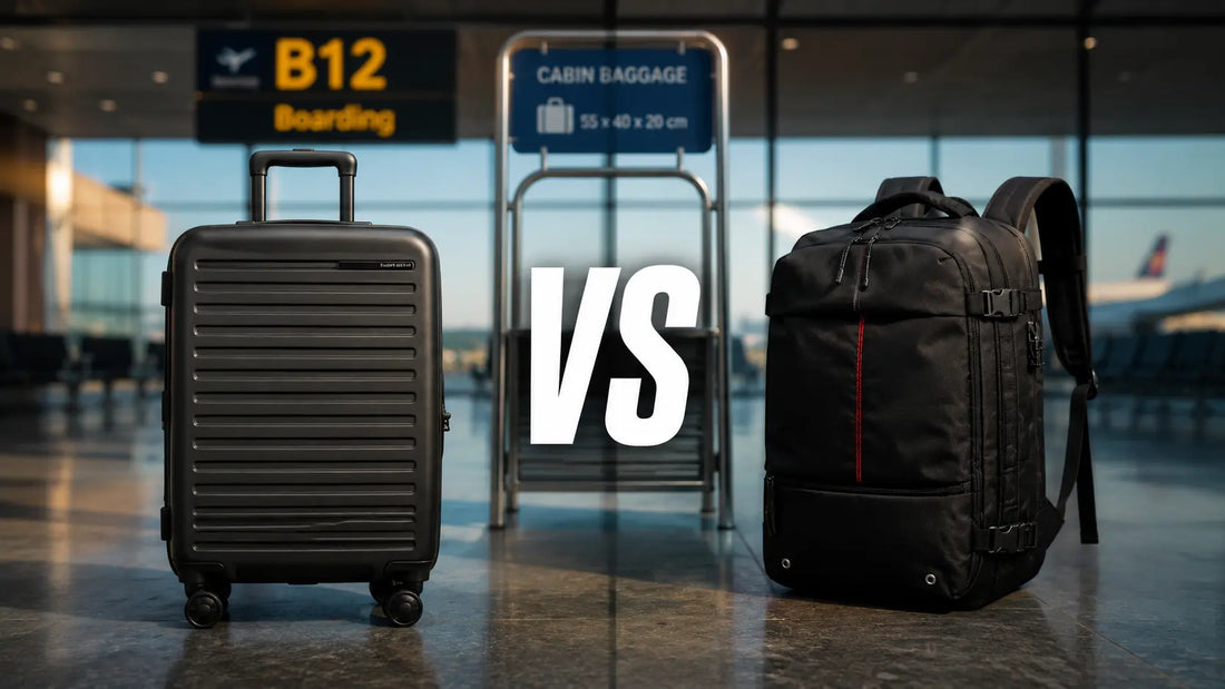 Valise cabine rigide noire versus sac à dos cabine 55L au contrôle gabarit embarquement aéroport