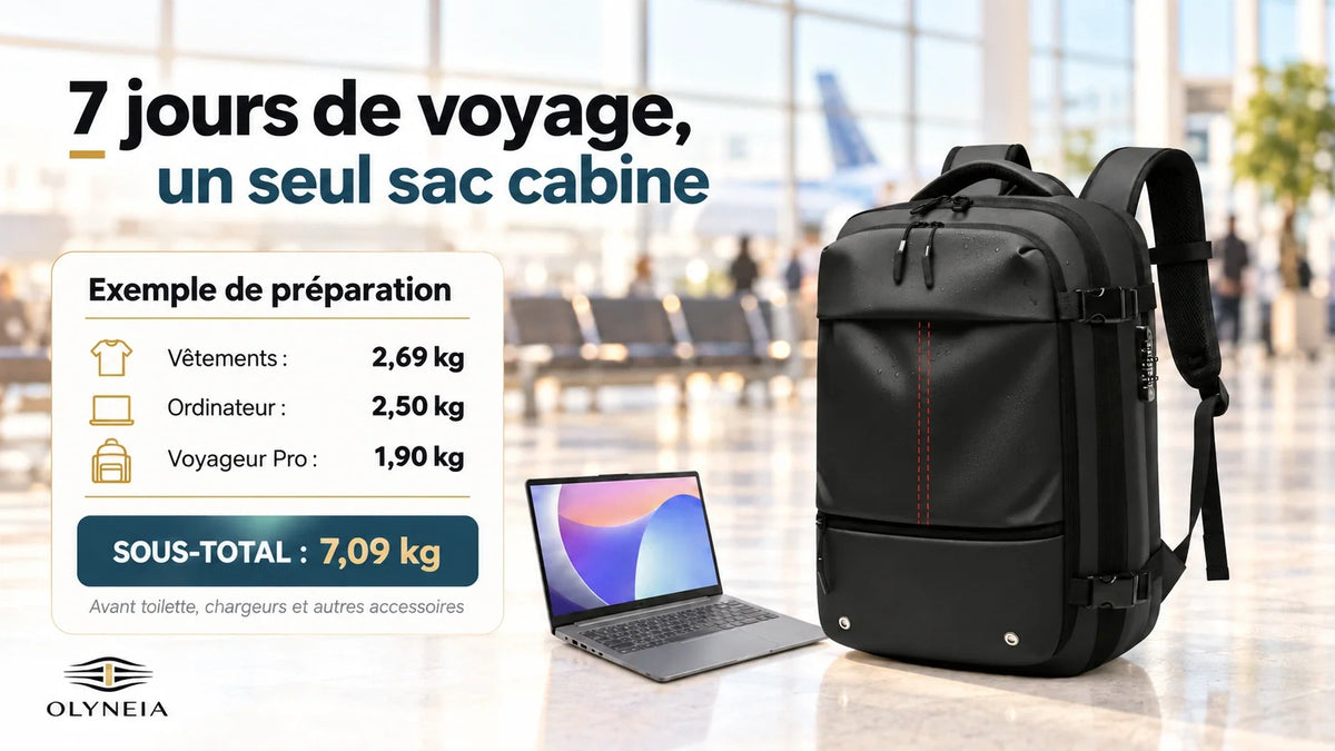 Voyageur Pro avec ordinateur : vêtements 2,69 kg, PC 2,50 kg et sac 1,90 kg, soit un sous-total de 7,09 kg avant accessoires.