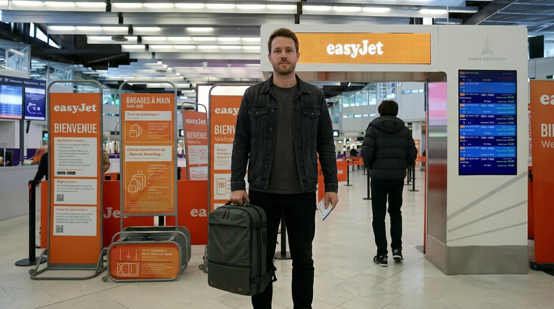 Voyageur tenant un sac cabine à compression sous vide Olyneia devant le comptoir EasyJet à Paris Aéroport