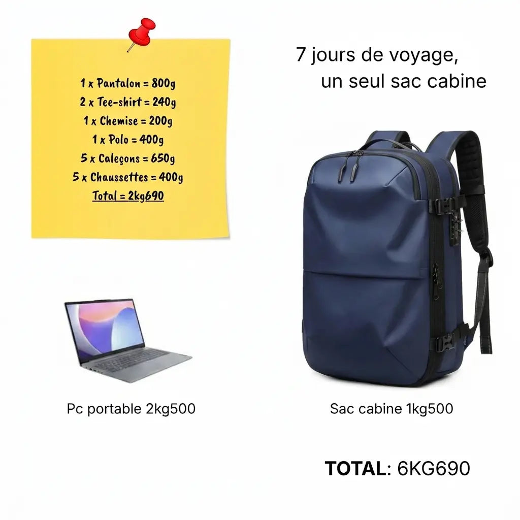 Sac cabine Voyageur Alpha 55L — 7 jours de voyage en un seul sac cabine — total bagage 6kg690 avec PC portable — Olyneia