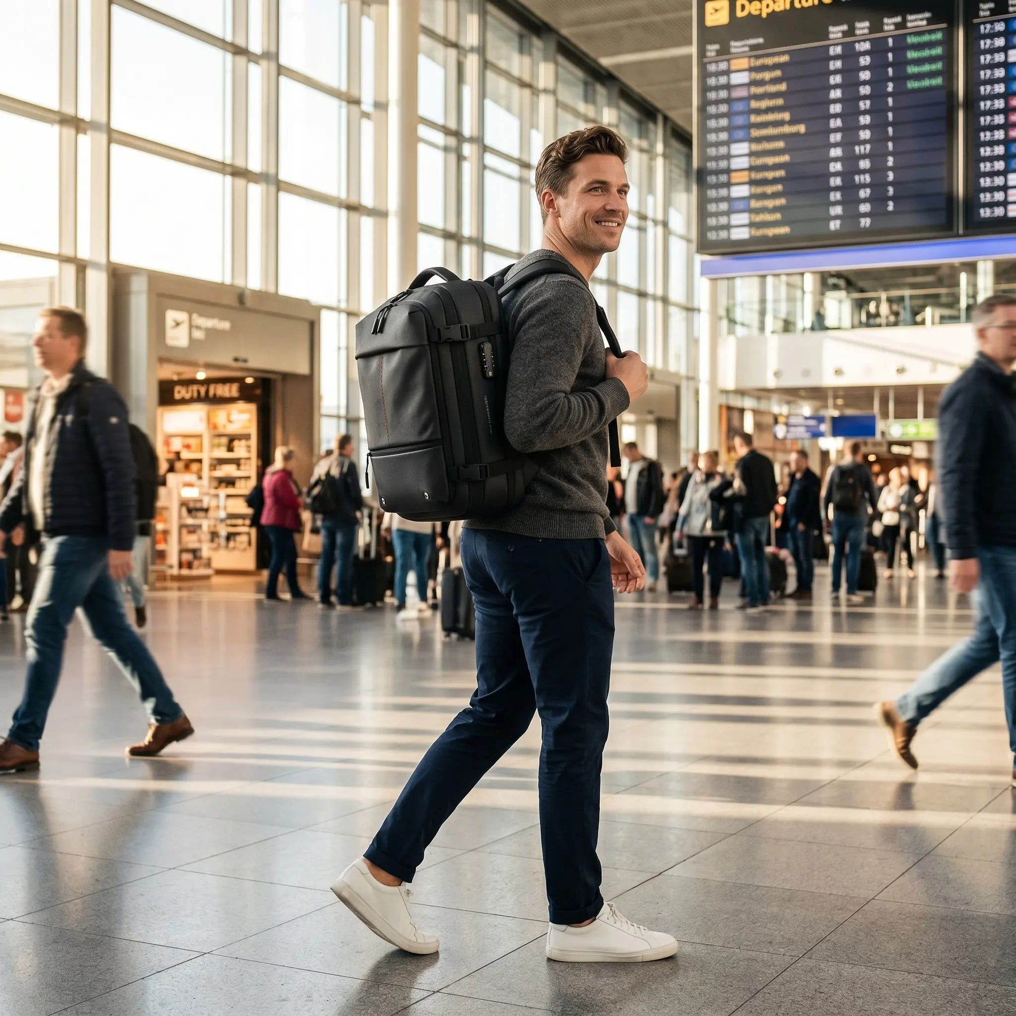 Voyageur confiant traversant un terminal d'aéroport avec le sac cabine Olyneia Voyageur Pro noir sur le dos, compression sous vide format cabine