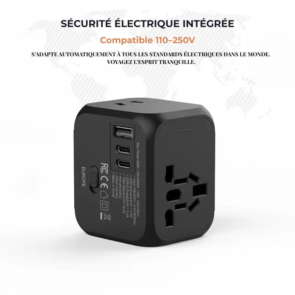Adaptateur de voyage universel Olyneia noir avec ports USB et USB-C sur fond blanc