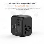 Adaptateur de voyage universel Olyneia noir sur fond de carte du monde, sécurité électrique intégrée