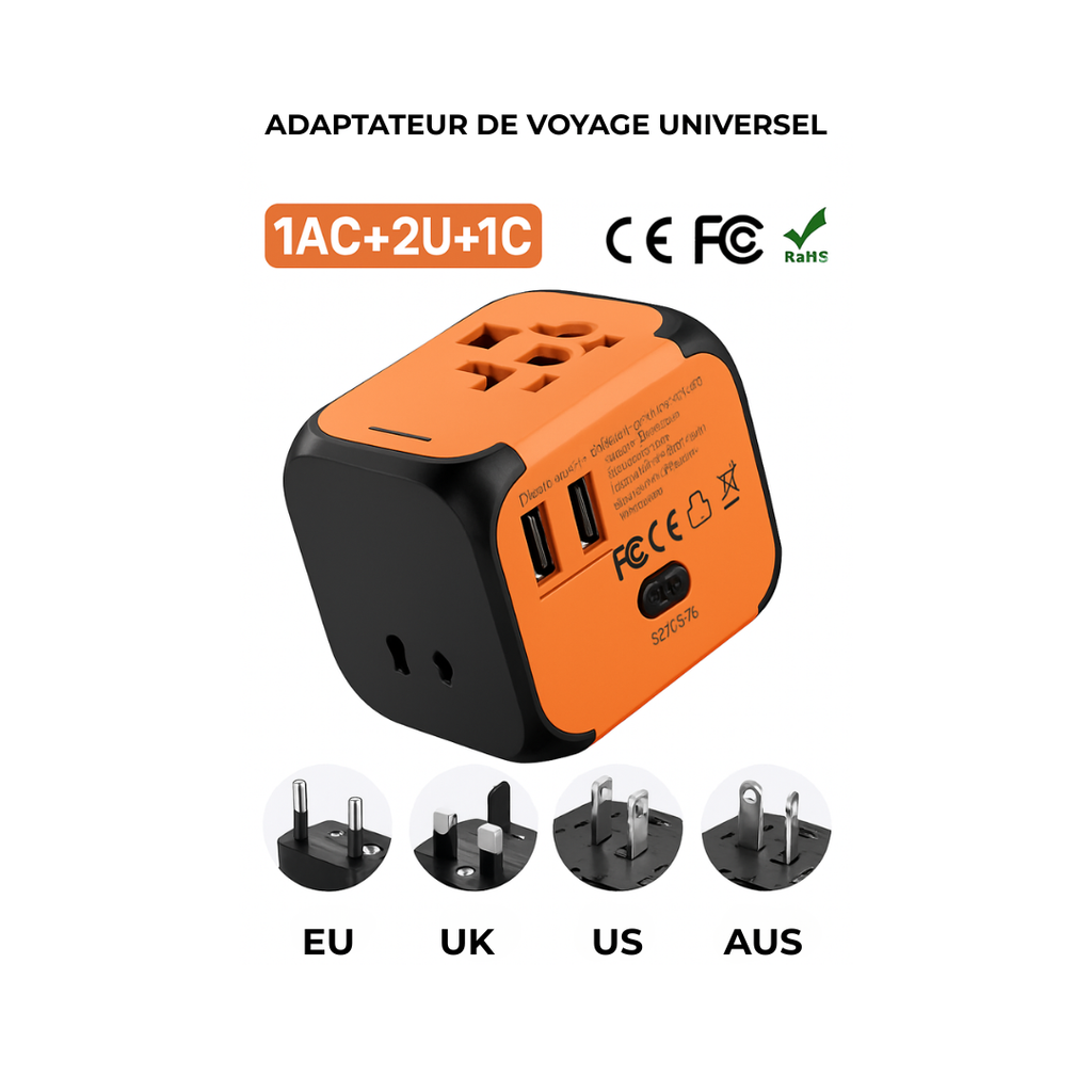 Adaptateur de voyage universel Olyneia orange avec ports USB et USB-C compatible prises EU UK US AUS