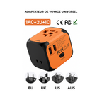 Adaptateur de voyage universel Olyneia orange, certifications CE, FCC et RoHS, prises EU, UK, US et AUS