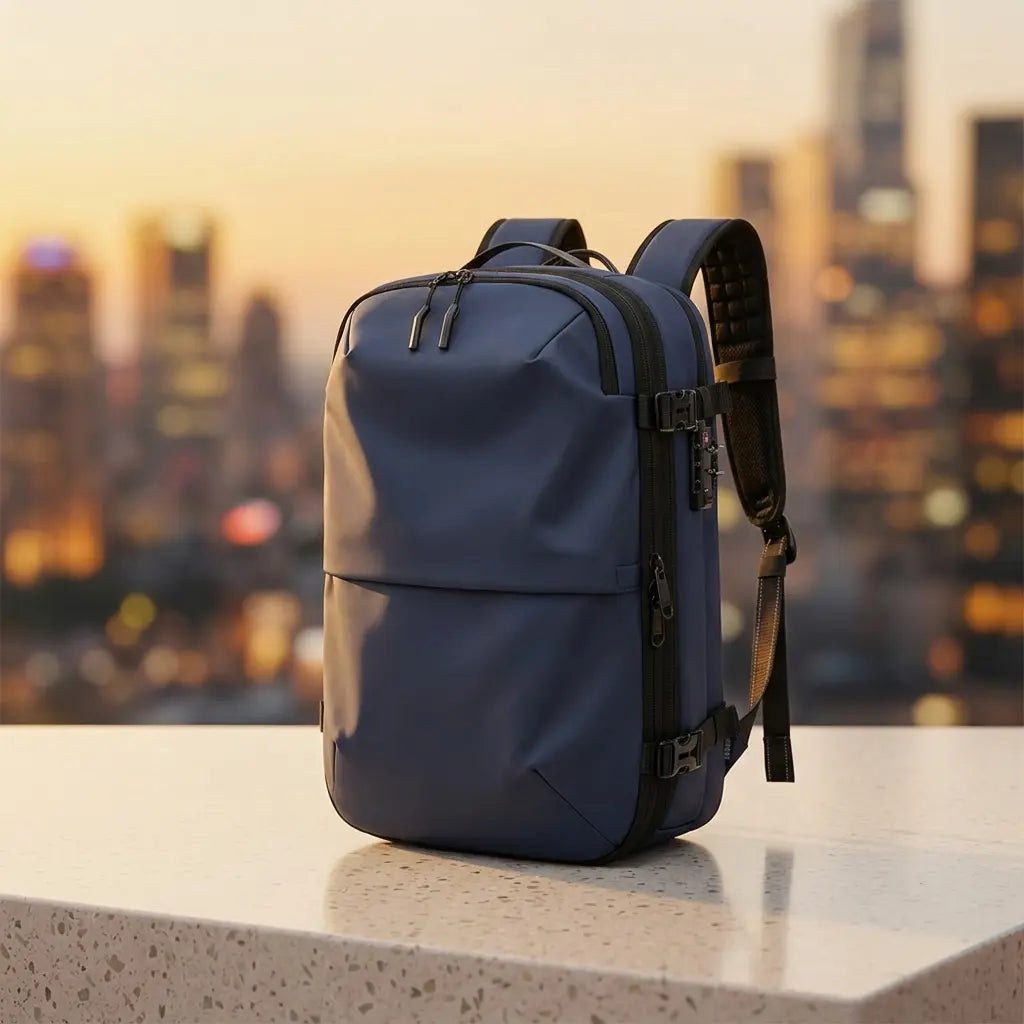Sac à dos cabine Olyneia Voyageur Alpha bleu marine, fond urbain golden hour, détails verrou TSA, tissu Oxford imperméable et pompe USB.