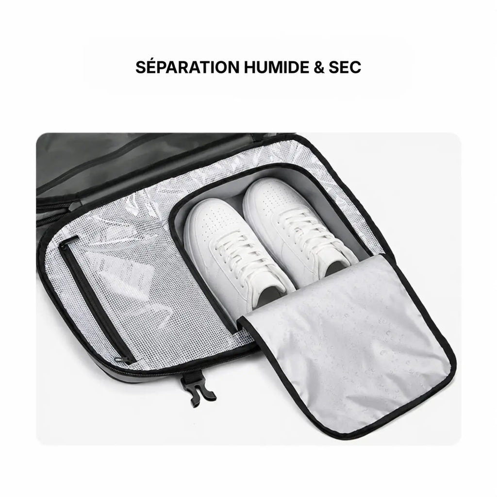Compartiment séparation humide et sec sac cabine Voyageur Alpha — poche imperméable et filet organisateur intégrés — Olyneia