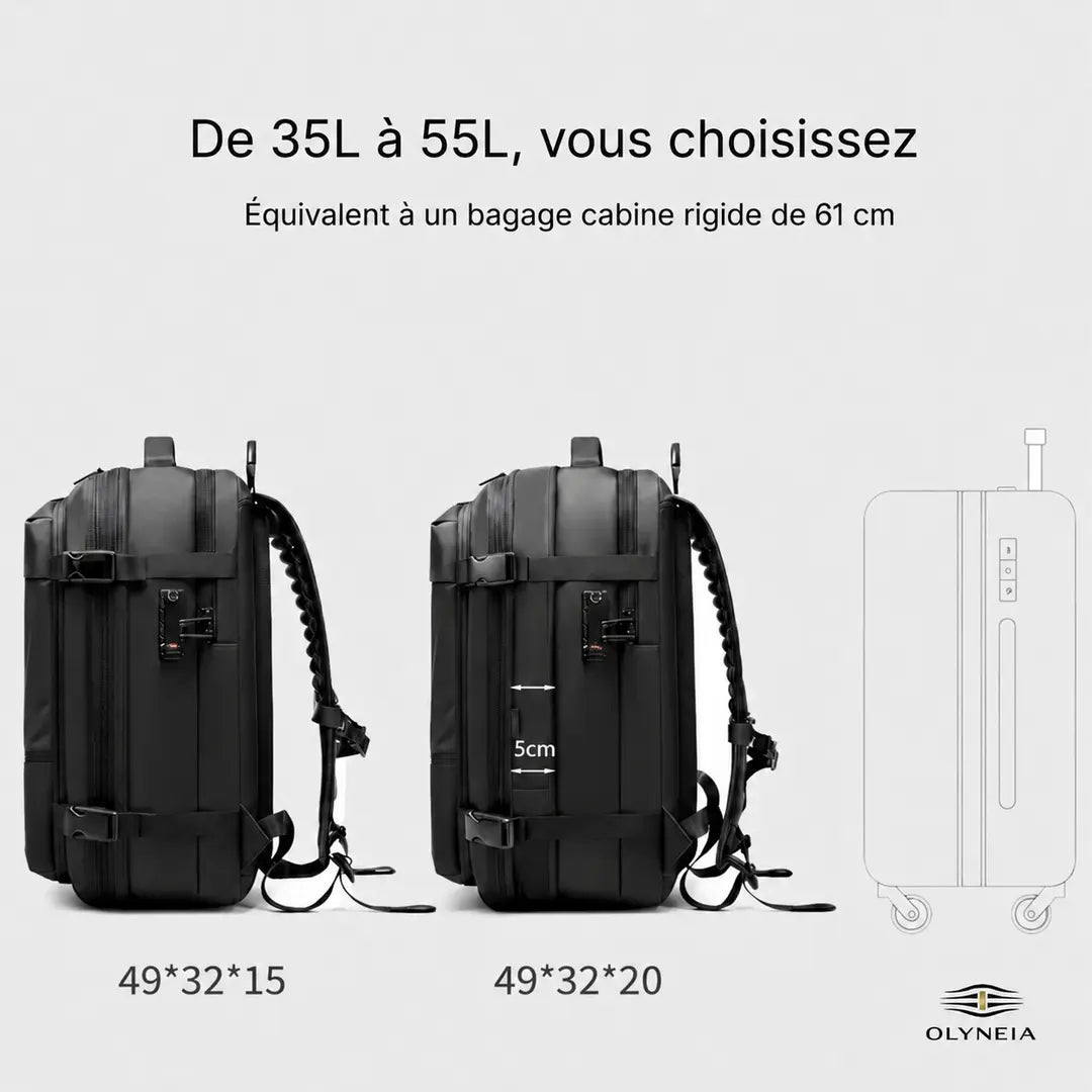 Capacité étendue de 35 à 55 litres du sac à dos cabine Voyageur Pro Olyneia, comparée à un bagage cabine rigide de 61 cm