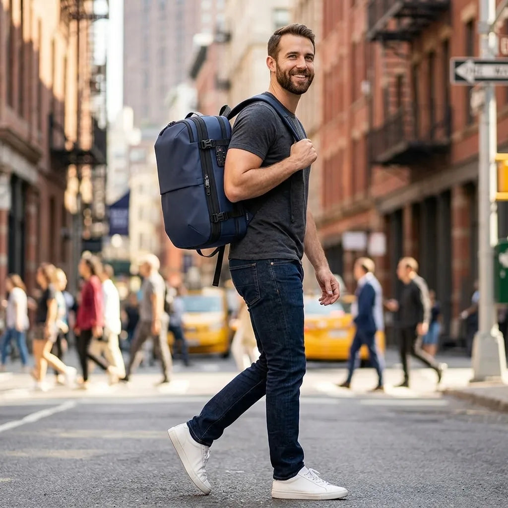 Homme souriant marchant dans les rues de New York avec sac à dos cabine Olyneia Voyageur Alpha bleu marine.
