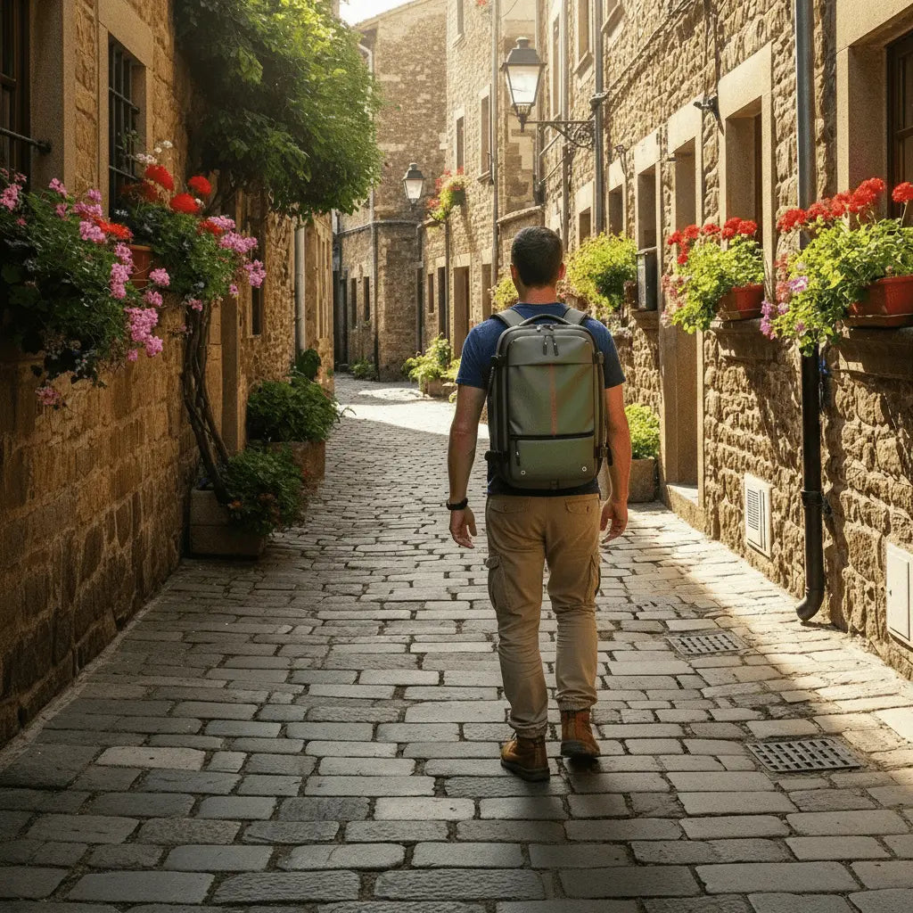 Voyageur avec sac cabine Olyneia explorant une ruelle pittoresque — notre mission