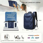 Sac Voyageur Alpha 55L placé en compartiment supérieur et sous le siège — format Ryanair 55×40×20cm approuvé — Olyneia