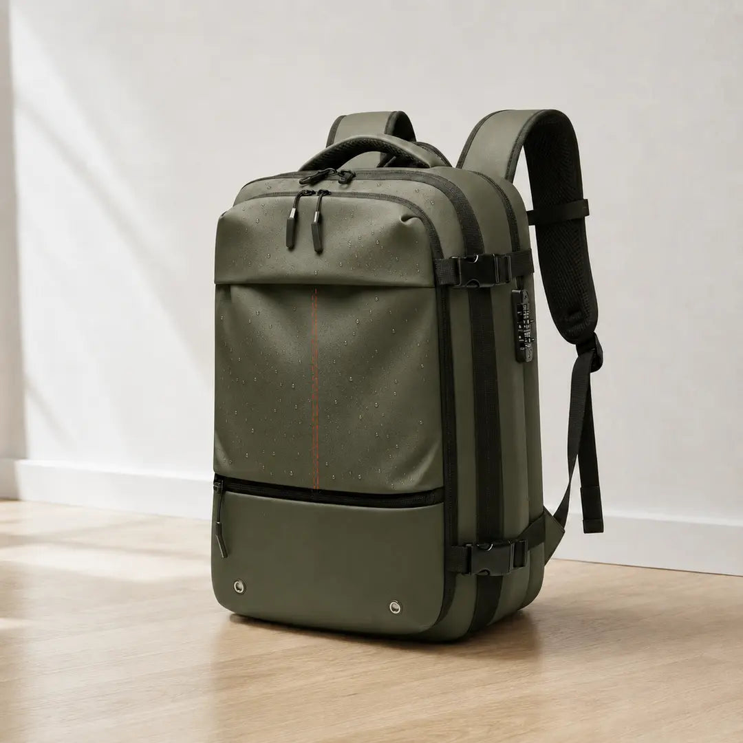 Gouttes d’eau qui perlent sur le tissu Oxford hydrofuge du sac à dos cabine Voyageur Pro Olyneia vert armée, posé sur un sol en bois