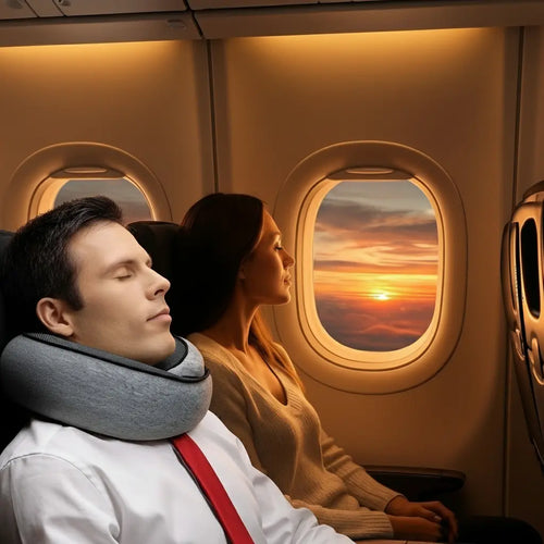 Oreiller de voyage Olyneia en mousse à mémoire de forme – soutien cervical 360° utilisé en avion