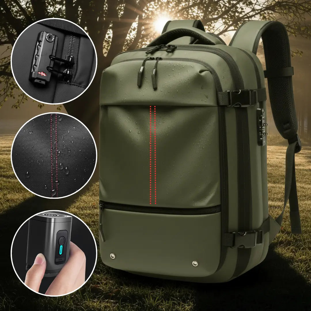 Sac cabine Voyageur Pro 55L - détails verrou TSA, tissu imperméable et pompe USB rechargeable
