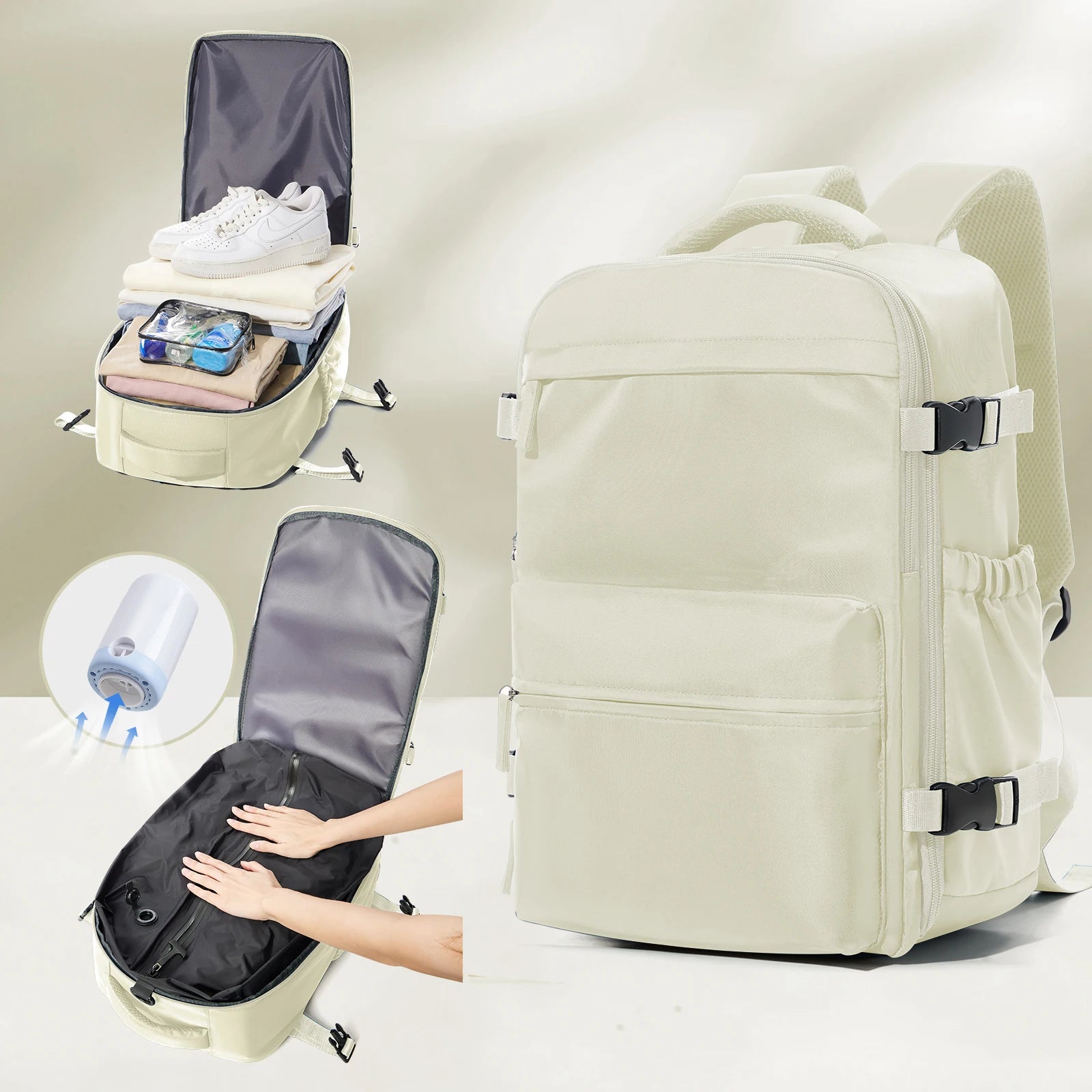 Sac cabine avion 40x30x20 compressible 30L beige Olyneia – vue de face et démonstration compression avant/après
