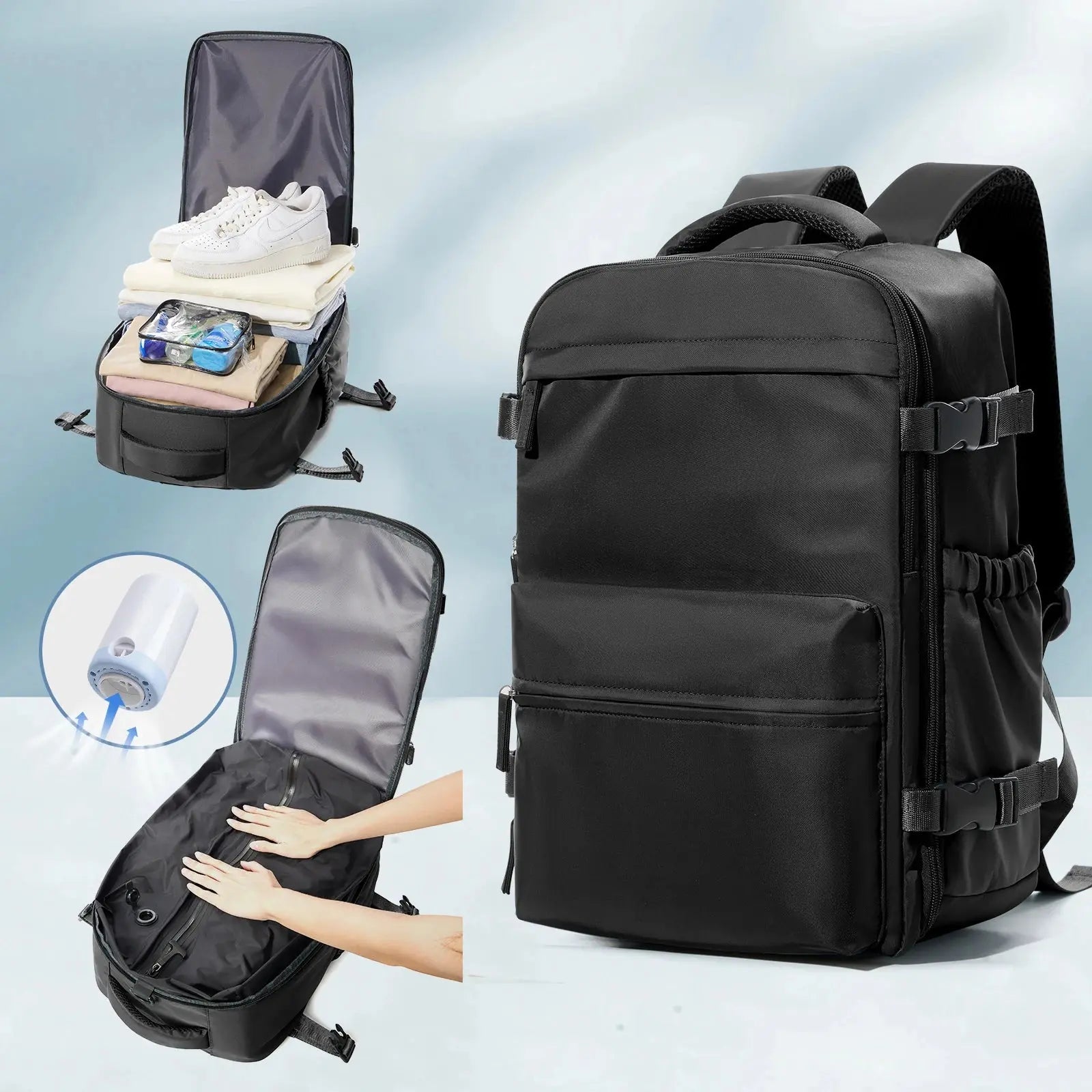 Sac cabine Olyneia 40×30×20 noir avec pompe USB – démonstration du système de compression rapide pour gagner de l’espace et voyager léger.