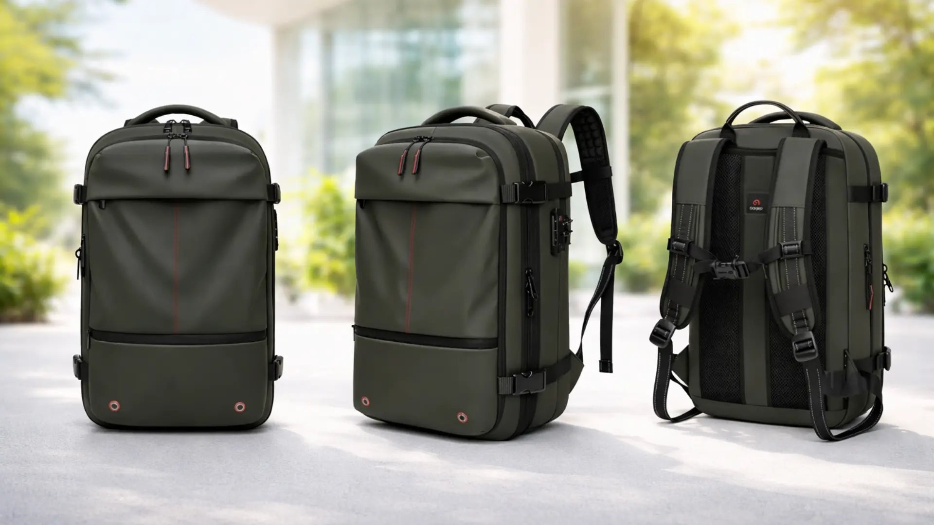 Sac cabine à compression sous vide Olyneia Voyageur Pro 55L — vue avant, profil et dos