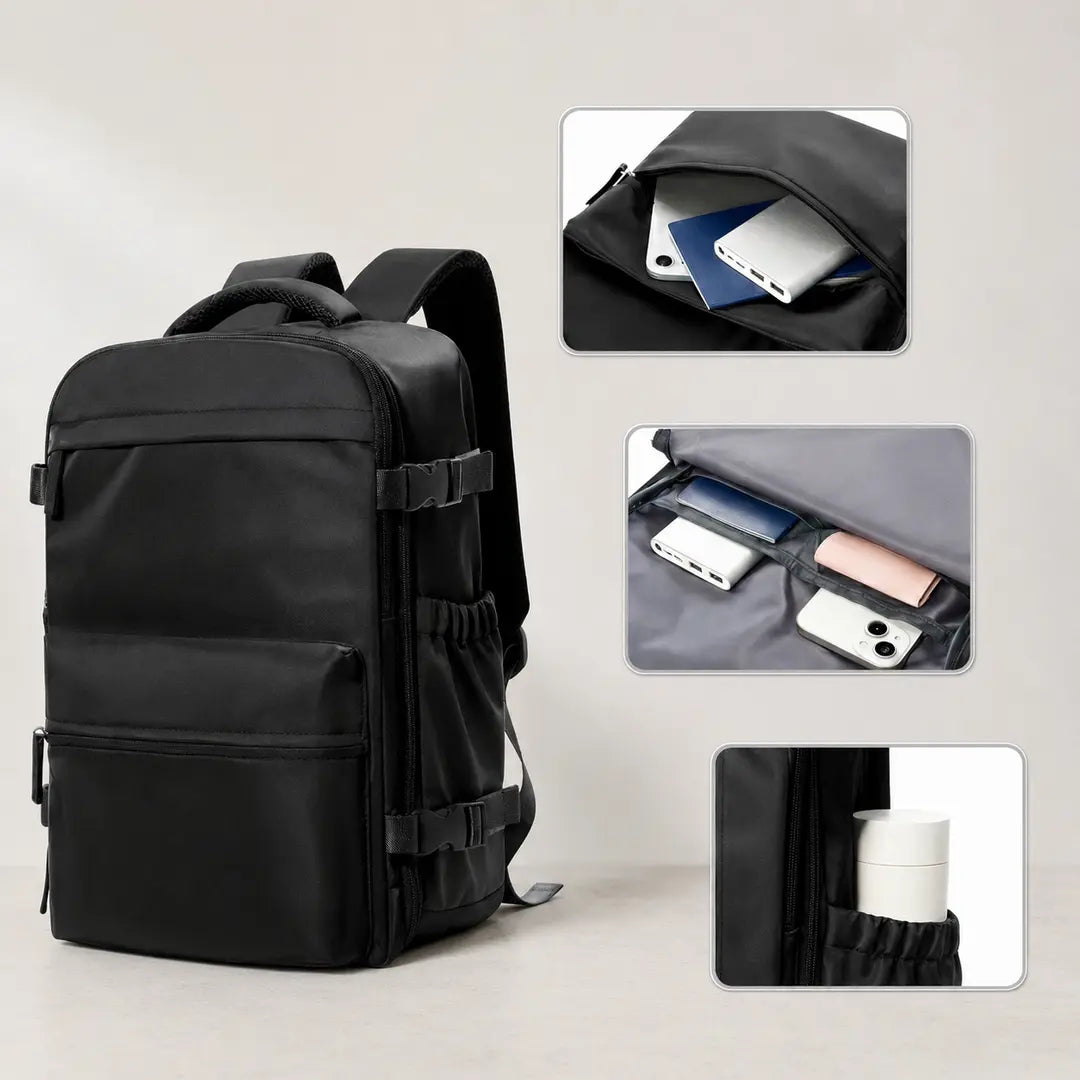 Sac à dos cabine Transit 35L Olyneia noir avec vues rapprochées de ses poches avant zippées, de ses rangements intérieurs et de sa poche latérale élastique