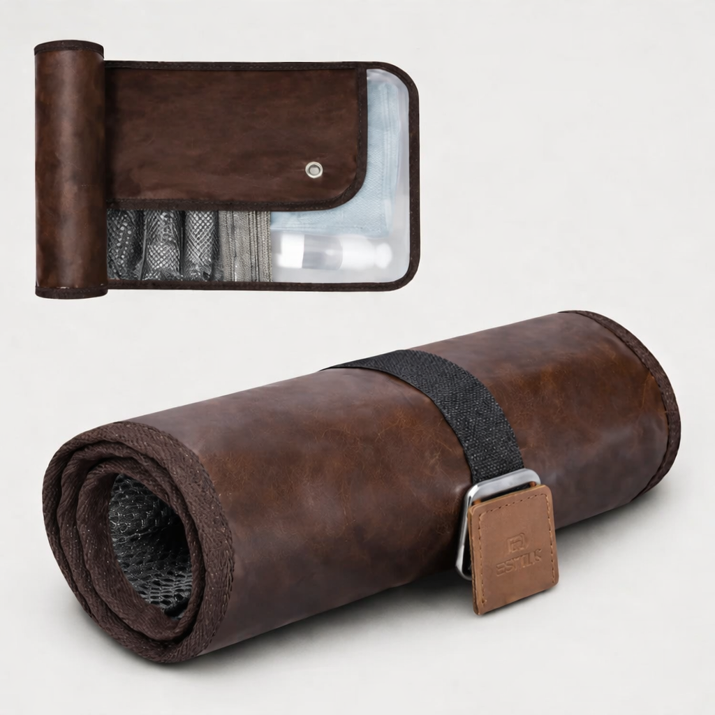 Trousse de toilette de voyage Olyneia marron – format enroulable, organisation compacte pour sac à dos cabine