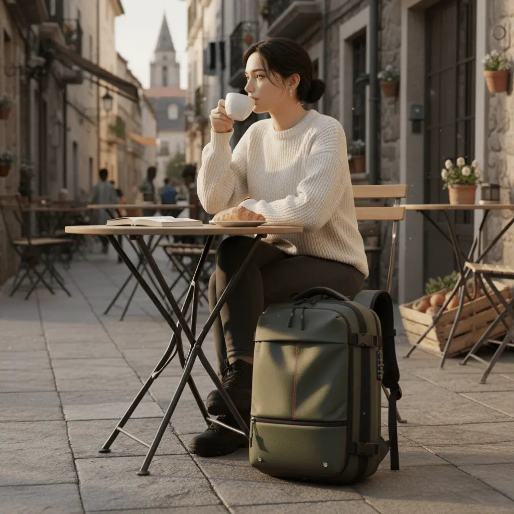 Voyageuse en terrasse de café avec sac cabine à compression Olyneia — voyager léger sans contrainte