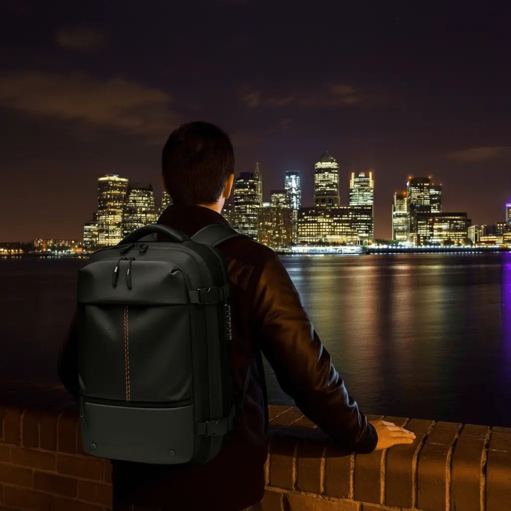 Voyageur avec sac cabine face au panorama urbain — la vision Olyneia
