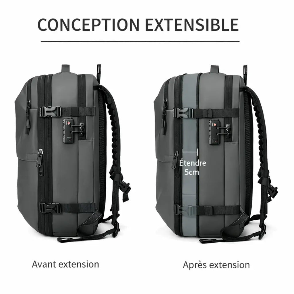 Sac cabine Voyageur Alpha conception extensible — gain de volume 5cm avant et après extension — Olyneia