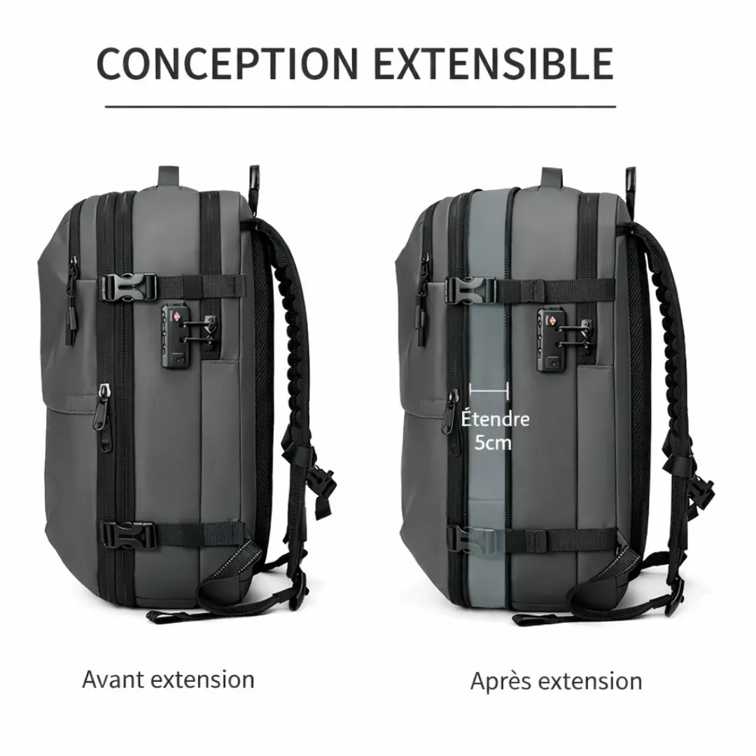 Sac cabine Voyageur Alpha conception extensible — gain de volume 5cm avant et après extension — Olyneia