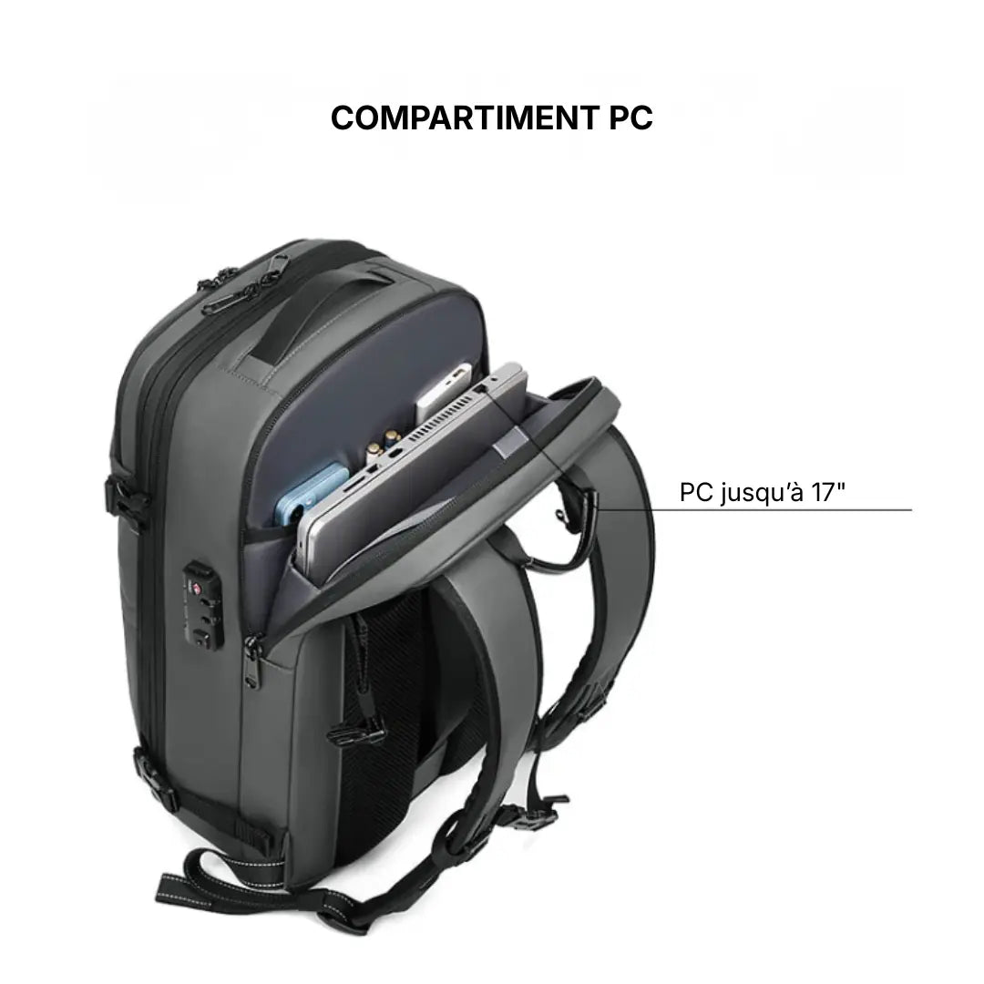 Compartiment PC dédié sac cabine Voyageur Alpha — poche ordinateur jusqu'à 17 pouces accès rapide sécurité aéroport — Olyneia