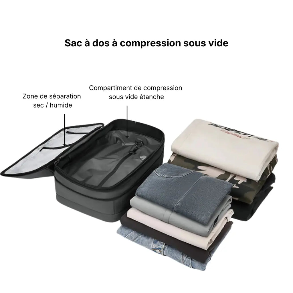 Intérieur sac cabine Voyageur Alpha — compartiment compression sous vide étanche et séparation humide sec — Olyneia