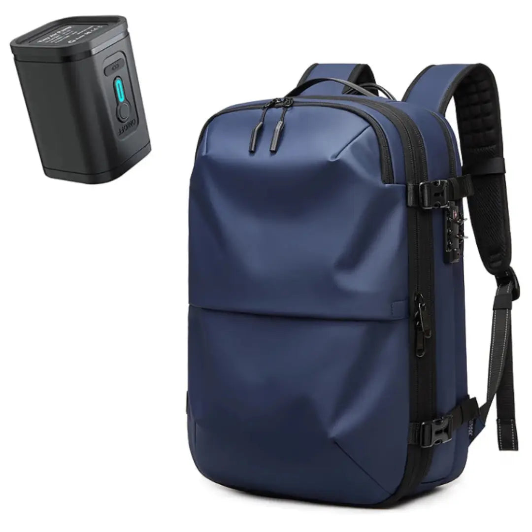Sac cabine compression sous vide Voyageur Alpha 55L coloris bleu avec pompe USB rechargeable incluse — Olyneia