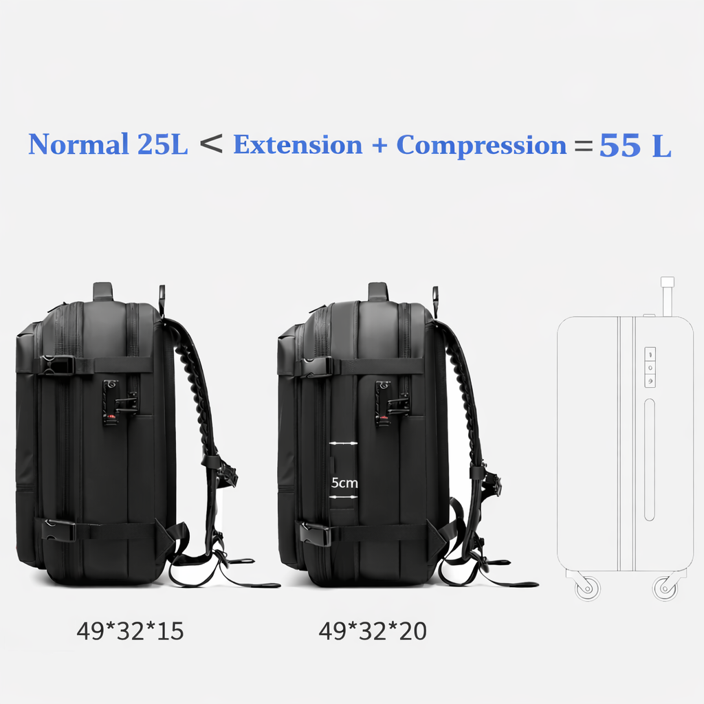 Capacité du sac cabine Olyneia Voyageur Pro avec extension et compression sous vide – 25L à 55L