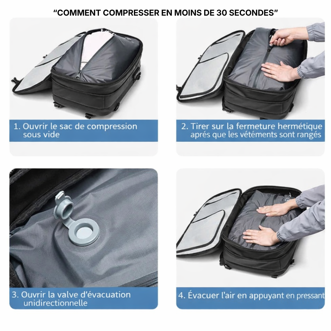 Fonctionnement de la compression sous vide du sac cabine Olyneia Voyageur Pro étape par étape