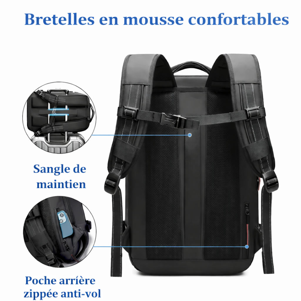 Vue arrière du sac cabine Olyneia Voyageur Pro avec bretelles en mousse, sangle de maintien et poche arrière zippée anti-vol