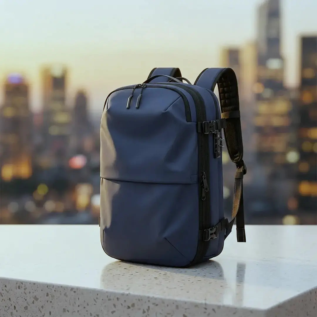 Sac à dos cabine Voyageur Alpha 55L Olyneia bleu marine posé sur un muret en ville, cadenas à code TSA et tissu Oxford renforcé