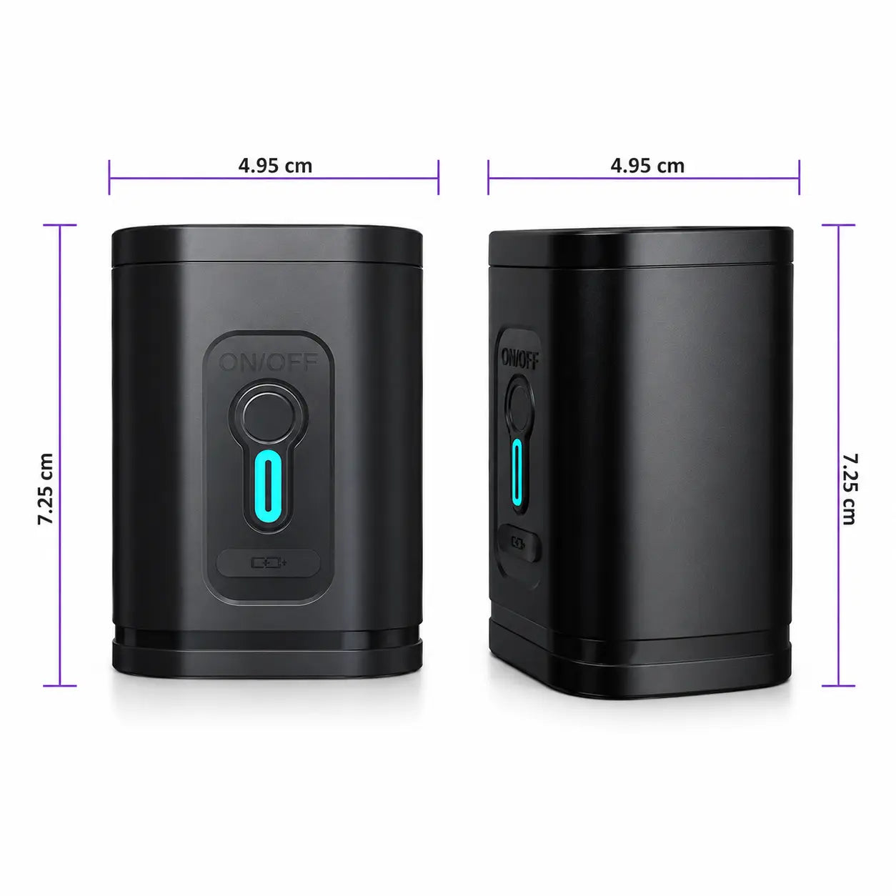 Pompe USB rechargeable incluse avec le sac cabine Voyageur Connect 55L — dimensions 4,95 x 7,25 cm, vue de face et de profil