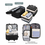 Sac cabine Voyageur Connect 55L avant et après compression sous vide, poche étanche sèche et sac à compression sous vide