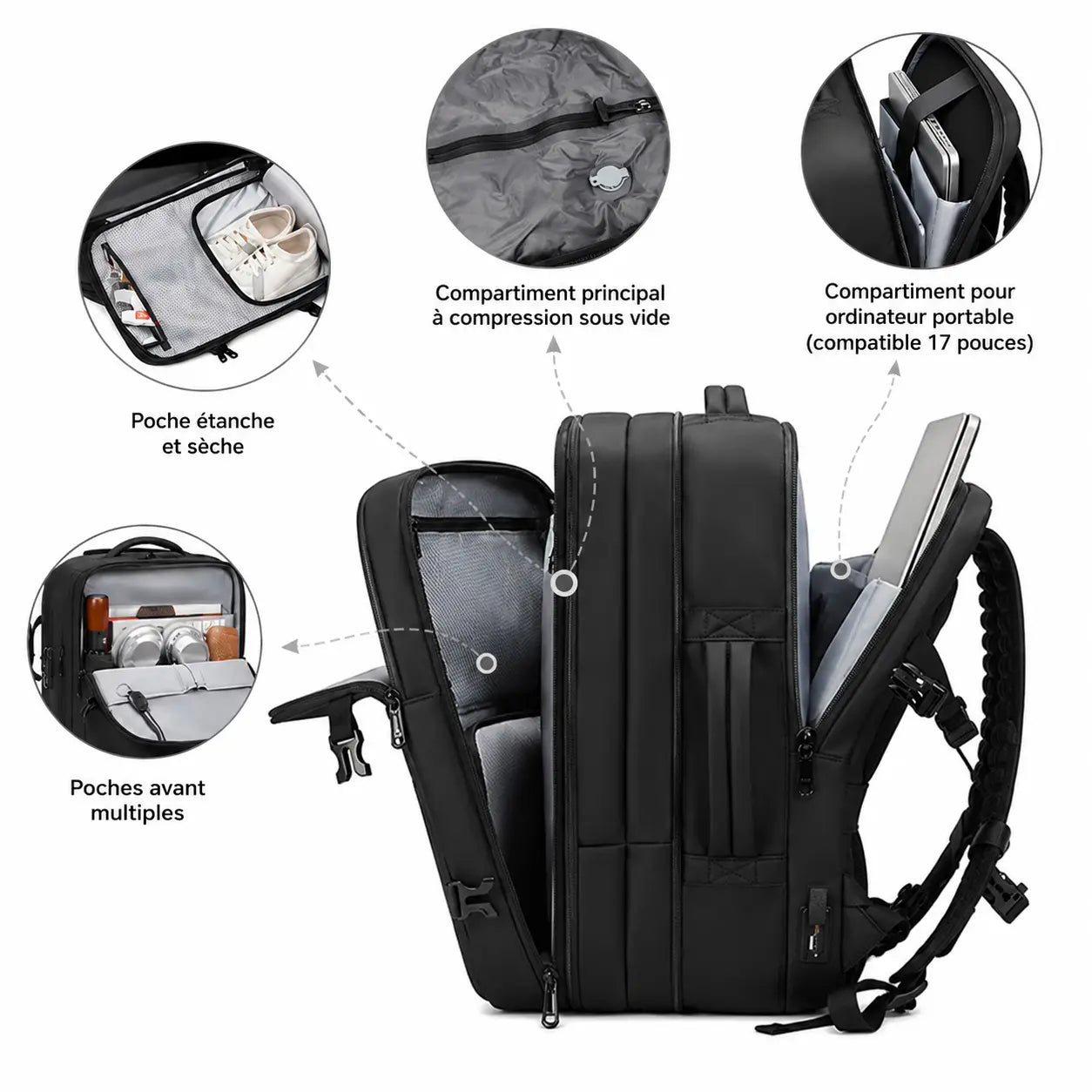 Sac cabine Voyageur Connect 55L — compartiment compression sous vide, compartiment ordinateur 17 pouces, poche étanche sèche et poches avant multiples