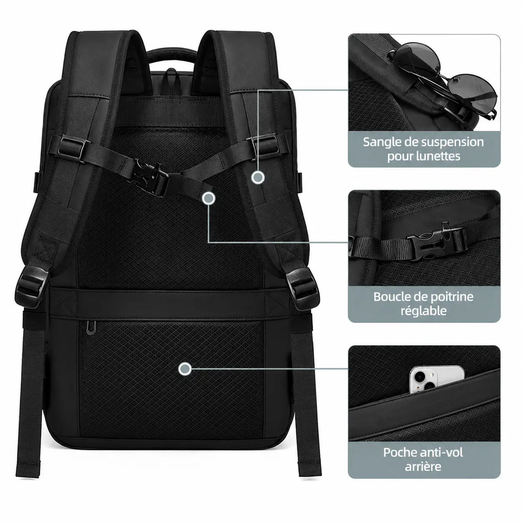 Sac cabine Voyageur Connect 55L vue dos — poche anti-vol arrière, boucle de poitrine réglable et sangle de suspension pour lunettes