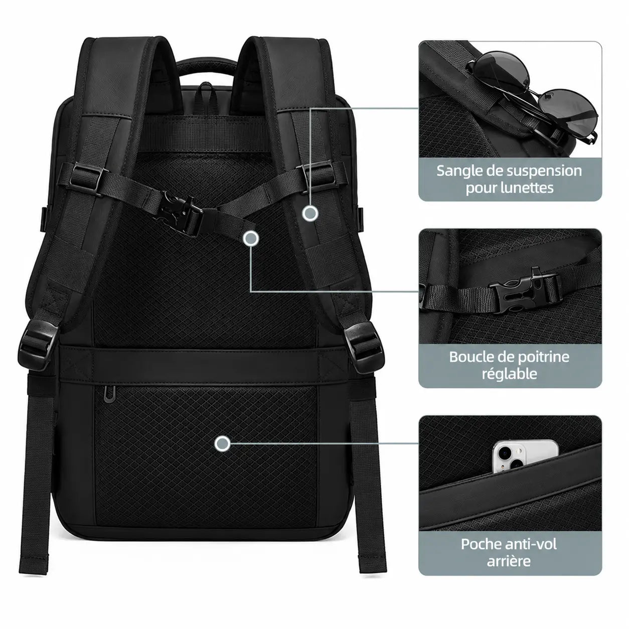Sac cabine Voyageur Connect 55L vue dos — poche anti-vol arrière, boucle de poitrine réglable et sangle de suspension pour lunettes
