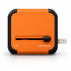 Adaptateur de voyage universel Olyneia orange, vue latérale du sélecteur avec une broche plate USA/AUS déployée