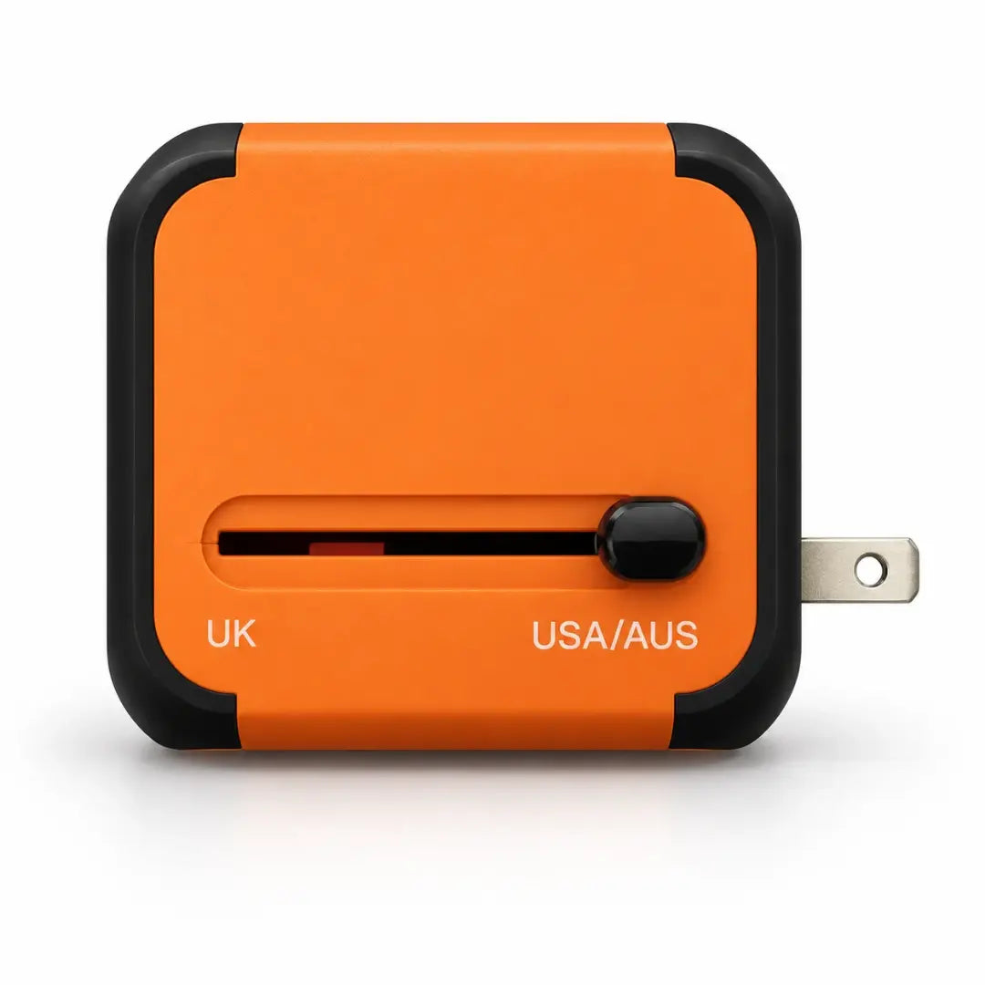 Adaptateur de voyage universel Olyneia orange, vue latérale du sélecteur avec une broche plate USA/AUS déployée