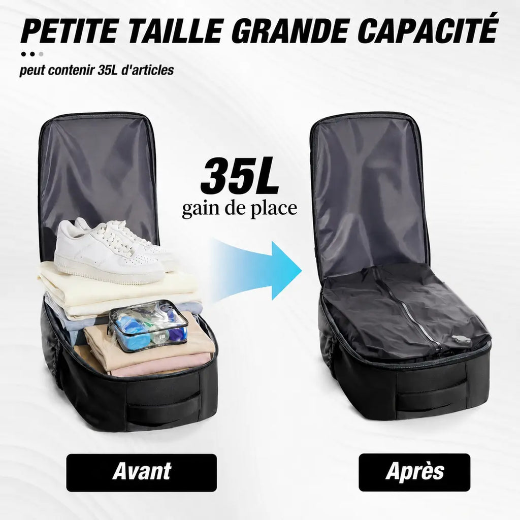 Compression sous vide du sac à dos cabine Transit 35L Olyneia : démonstration avant/après, jusqu'à 35 L d'affaires dans un volume tassé