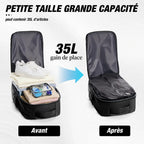 Compression sous vide du sac à dos cabine Transit 35L Olyneia : démonstration avant/après, jusqu'à 35 L d'affaires dans un volume tassé